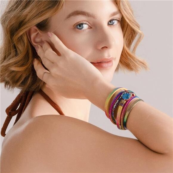 Womens leather wrap bracelet boho cuff crystal bead layered magnetic clasp jewel - Picture 2 of 7